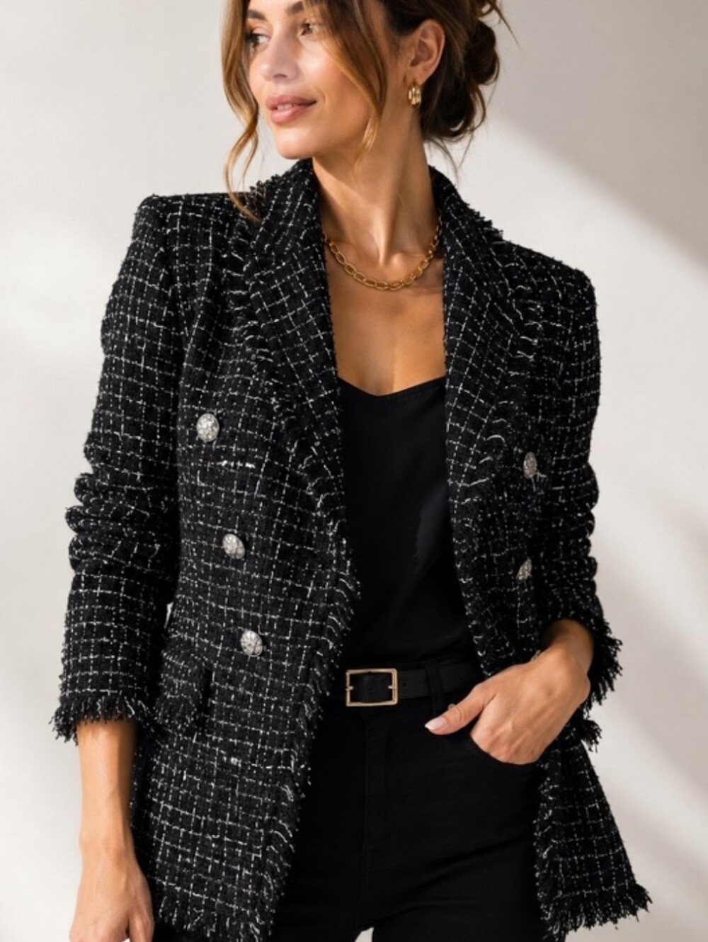 Frayed Hem Black Tweed Double Breasted Jacket Blazer XS NWT Rachel Zoe